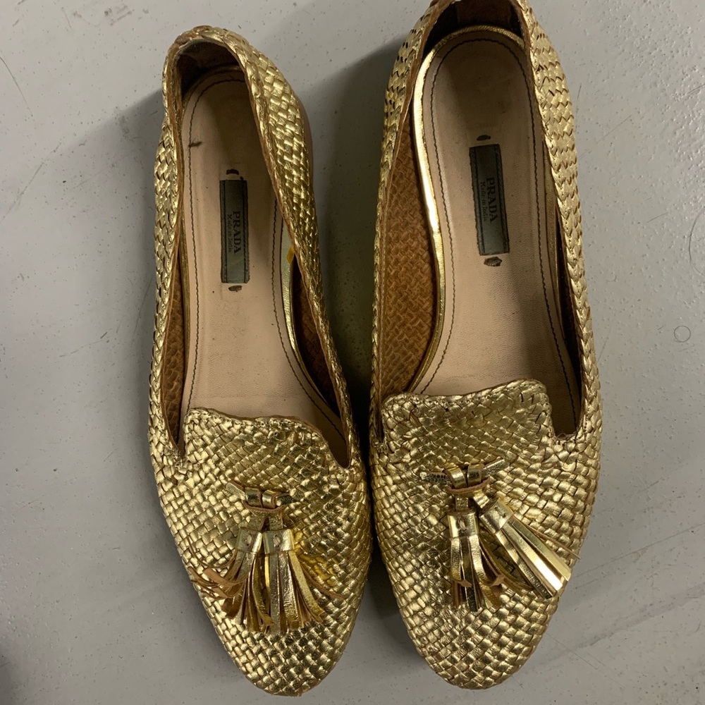 Prada Gold Woven Leather Tassel Loafers